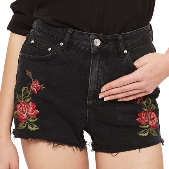 Topshop Embroidered Moto Mom Cutoff Shorts 2 - Picture 2 of 6